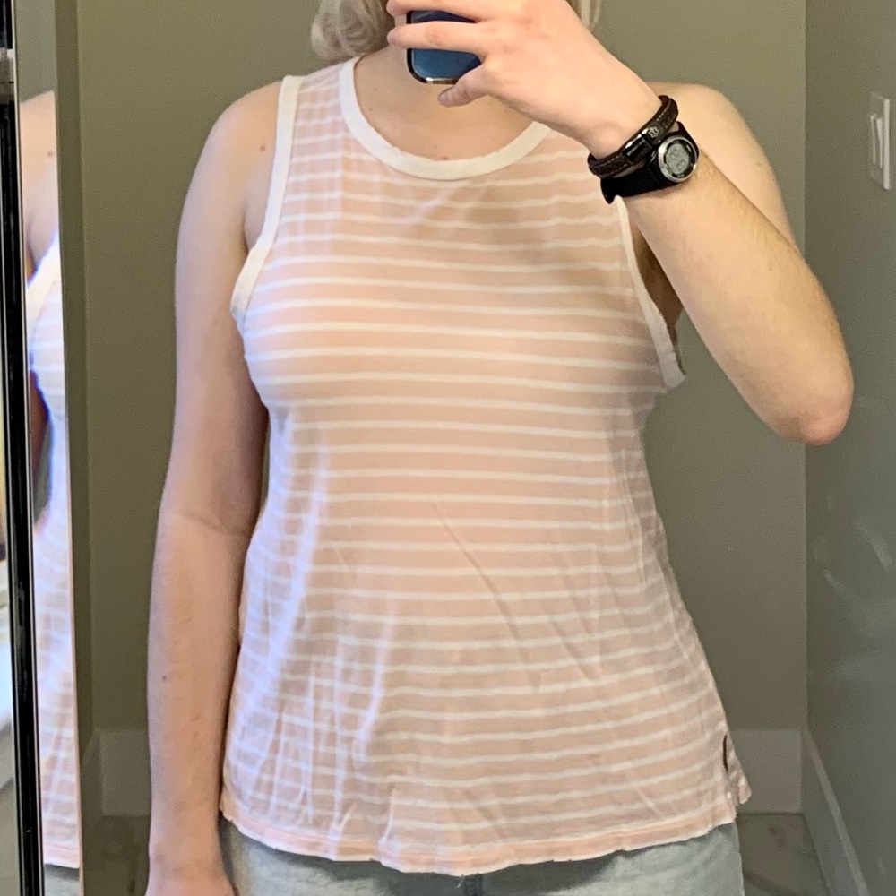 Aerie distressed tank top, light pink and white striped, medium